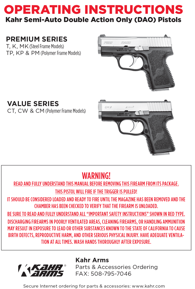 KAHR CM9 / CW9 /PM9 Owners Manual